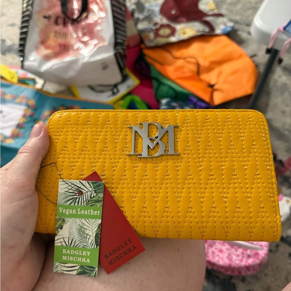 Badgley Mischka Yellow Quilted Zip Wallet with Silver Logo